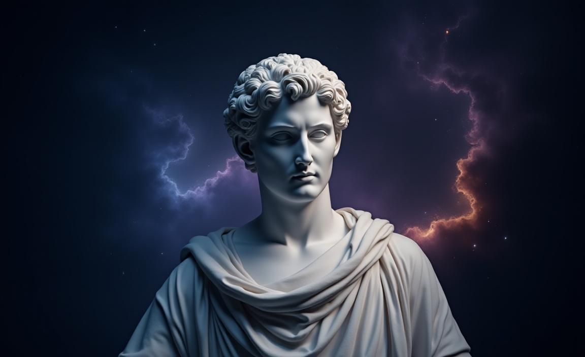 A marble sculpture of a Greek goddess juxtaposed against a vibrant blue and violet nebula